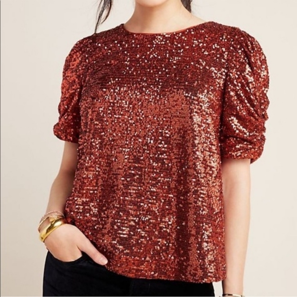 💘 NWT By Anthropologie Marie Sequined Blouse Copper Orange Sequin Puff Sleeve - Picture 2 of 10